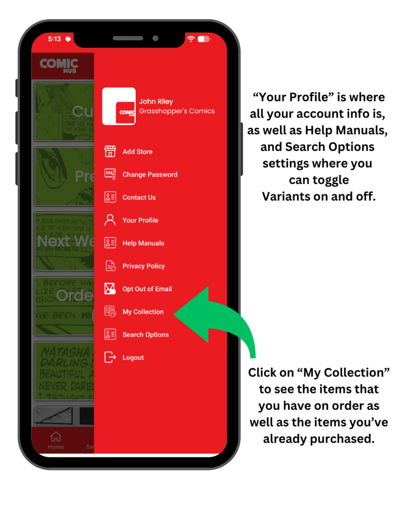 ComicHub app Your Profile menu